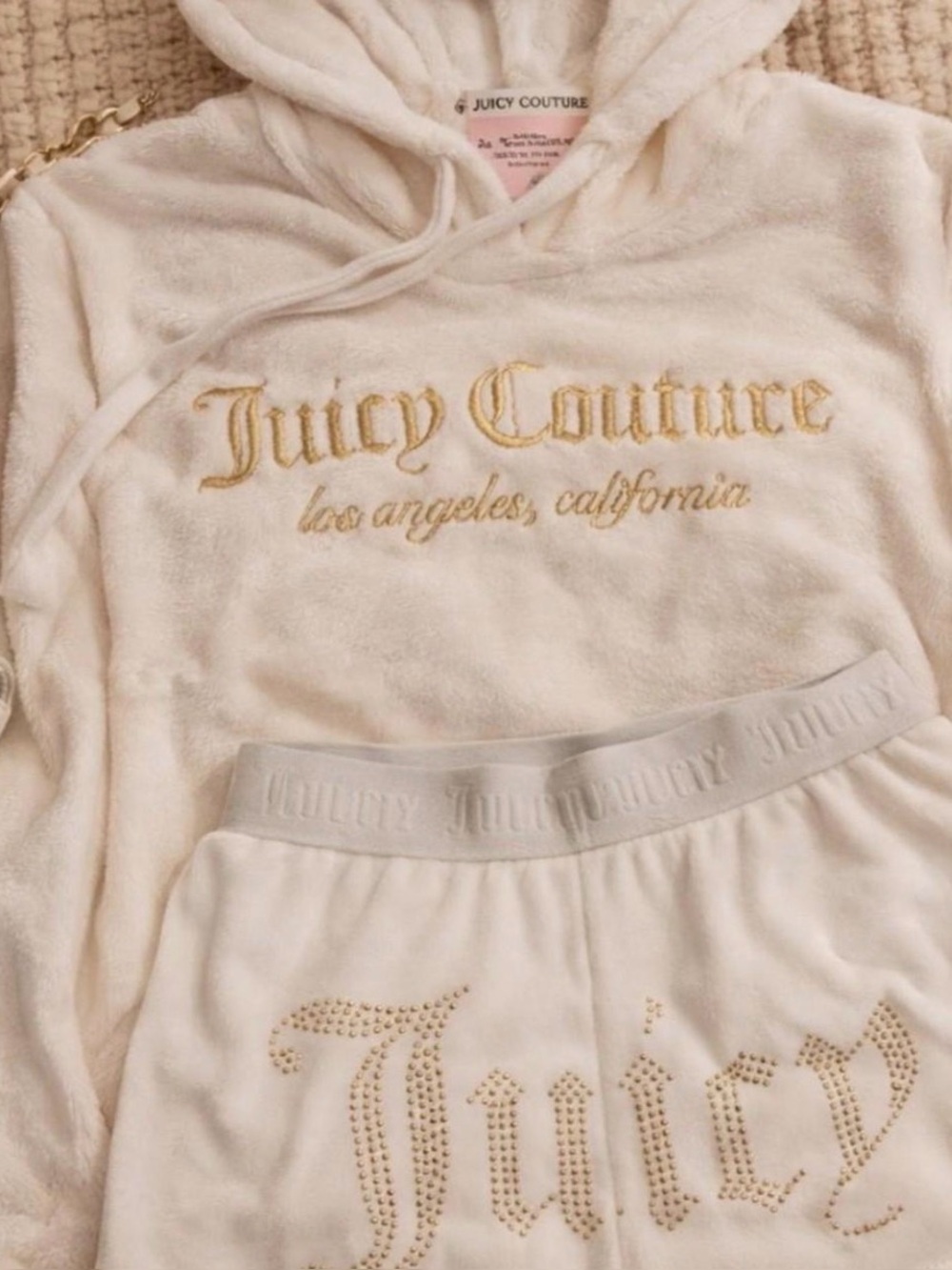 Juicy Couture Cream Plush Hoodie and Shorts Set with Gold Embroidery